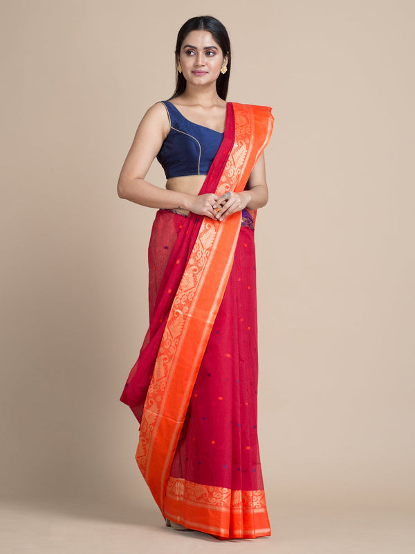 Women's Red Pure Cotton Hand Woven Tangail Tant Saree Without Blouse-Sajasajo