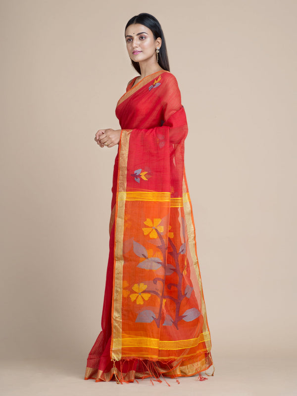 Women's Red Blended Cotton Saree With Floral Pallu And Unstitched Blouse-Sajasajo