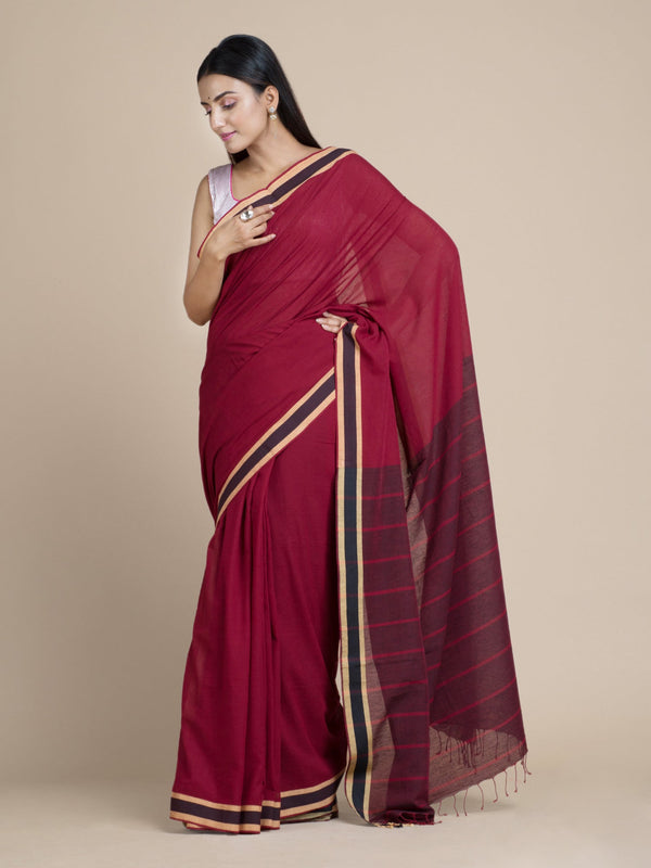 Women's Maroon Pure Cotton Saree With Striped Designs - Sajasajo