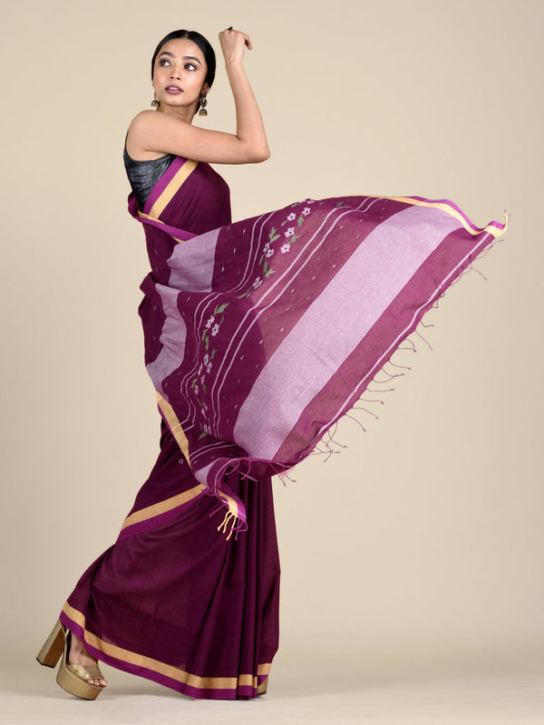 Women's Plum hand woven Cotton saree - Sajasajo