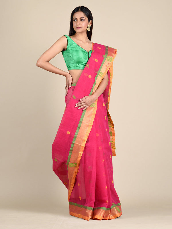 Women's Rani Hand Woven Cotton Saree With Floral Work In Pallu-Sajasajo