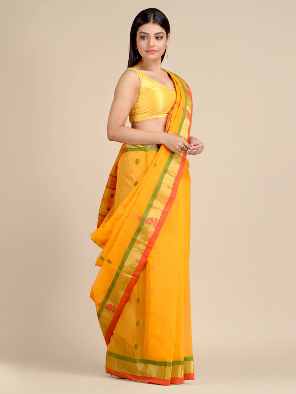 Women's Yellow Pure Cotton Hand Woven Tant Saree-Sajasajo