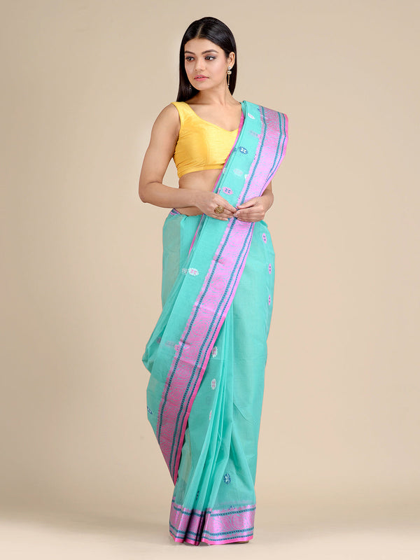 Women's Sky Blue Pure Cotton Hand Woven Tant Saree Without Blouse-Sajasajo