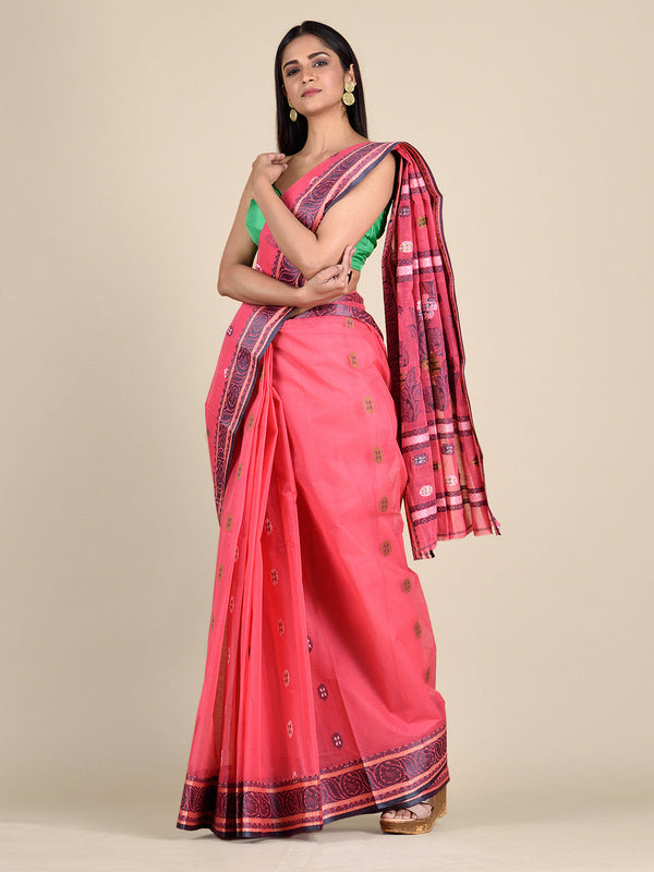 Women's Punch Red Hand Woven Cotton Saree With Floral Work In Pallu-Sajasajo