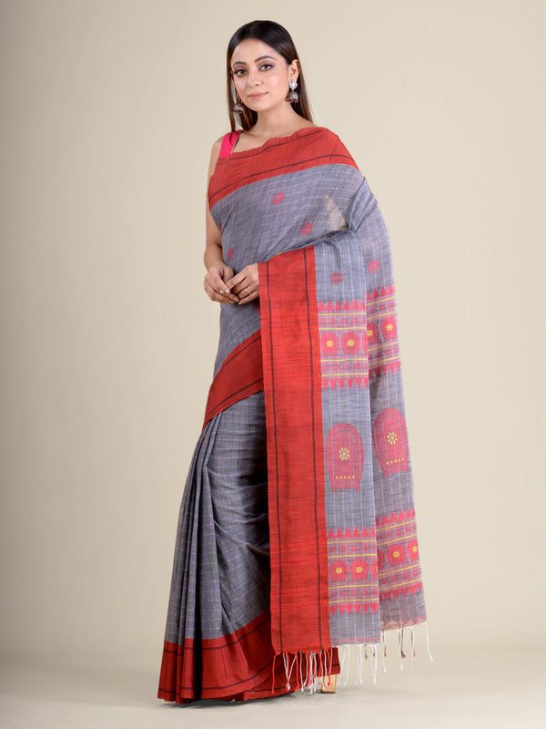 Women's Grey Pure Cotton Hand Woven Saree With Red Border And Unstitched Blouse-Sajasajo