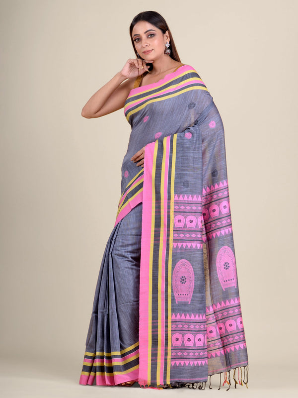 Women's Grey Pure Cotton Hand Woven Saree With Pink Border And Unstitched Blouse-Sajasajo