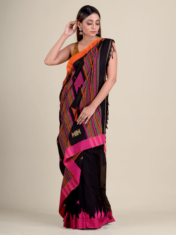 Women's Black Hand Woven Cotton Saree With Duel Border And Unstitched Blouse-Sajasajo