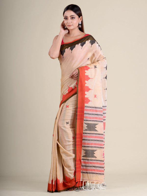 Women's Beige Hand Woven Cotton Saree With Temple Border And Unstitched Blouse-Sajasajo