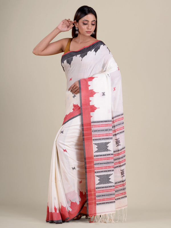 Women's Ivory White Pure Cotton Hand Woven Saree With Temple Border And Unstitched Blouse-Sajasajo