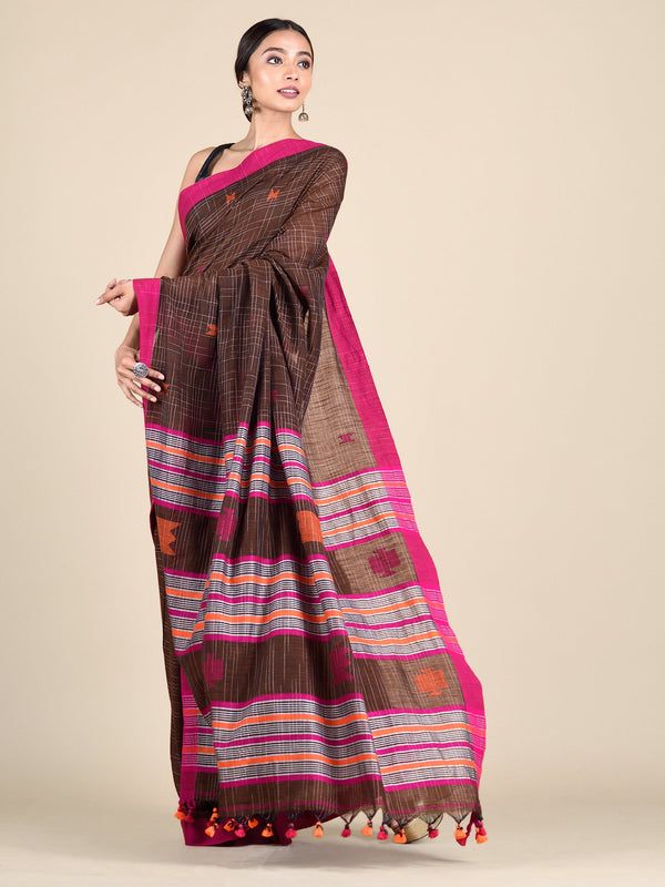 Women's Chocolate Brown Pure Cotton Hand Woven Saree With Duel Border And Unstitched Blouse-Sajasajo