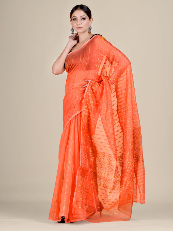 Women's Orange Silk Cotton Handwoven Soft Jamdani Saree With Zari Work Without Blouse-Sajasajo