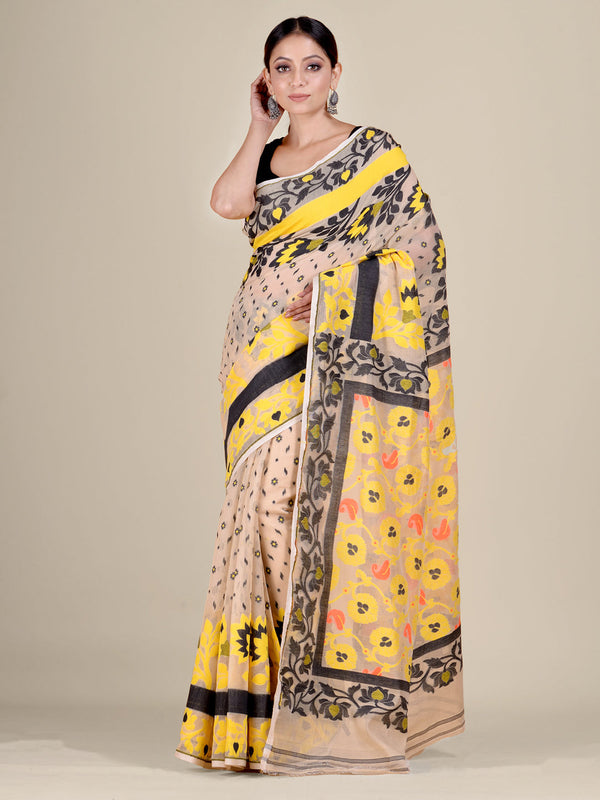 Women's Beige And Multicolor Silk Cotton Handwoven Soft Jamdani Saree Without Blouse-Sajasajo