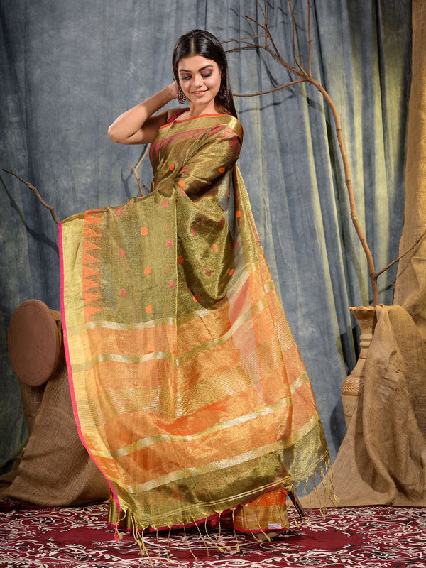 Women's Golden Tissue Linen Handwoven Saree with Unstitched Blouse-Sajasajo