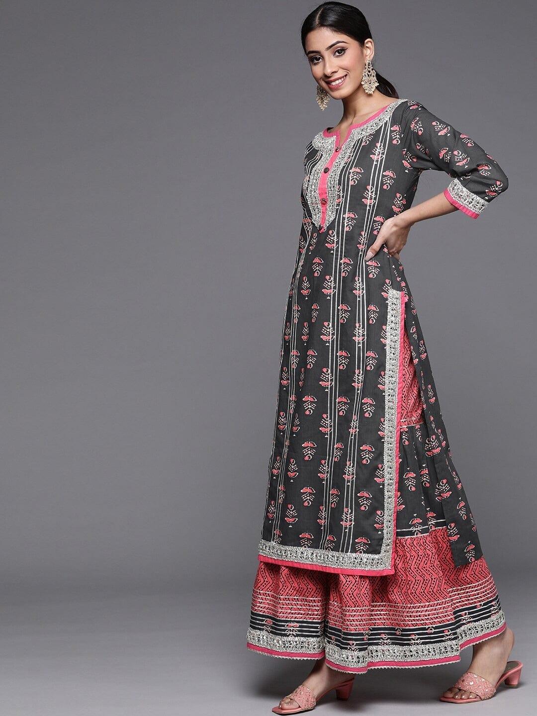 Varanga Women Grey Ethnic Motifs Printed Kurta with Sharara - Indiakreations