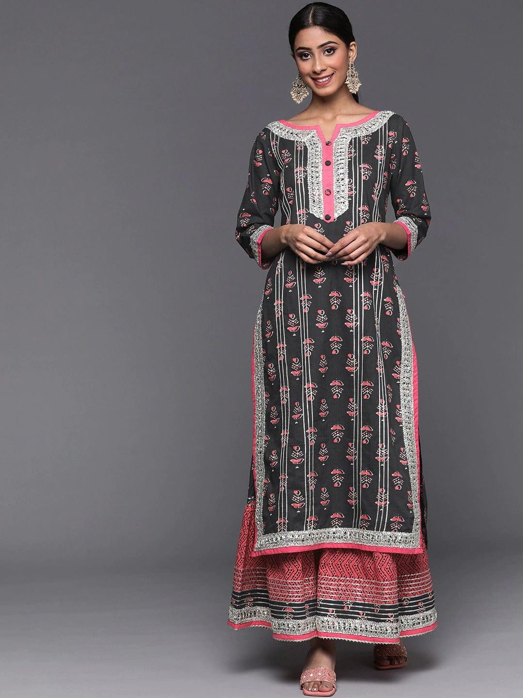 Varanga Women Grey Ethnic Motifs Printed Kurta with Sharara - Indiakreations