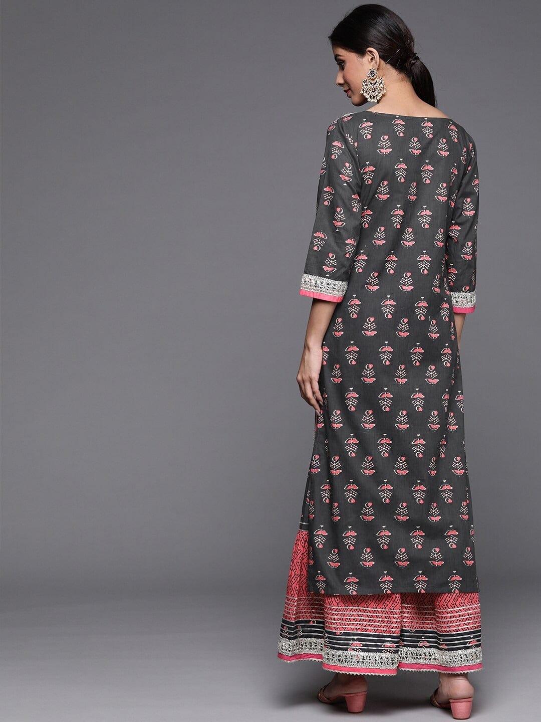 Varanga Women Grey Ethnic Motifs Printed Kurta with Sharara - Indiakreations