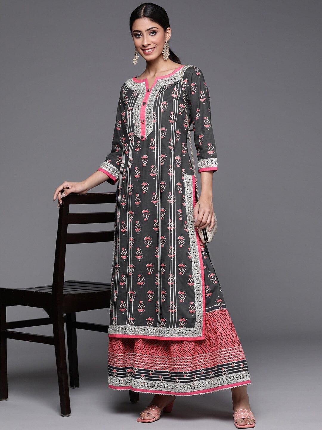 Varanga Women Grey Ethnic Motifs Printed Kurta with Sharara - Indiakreations