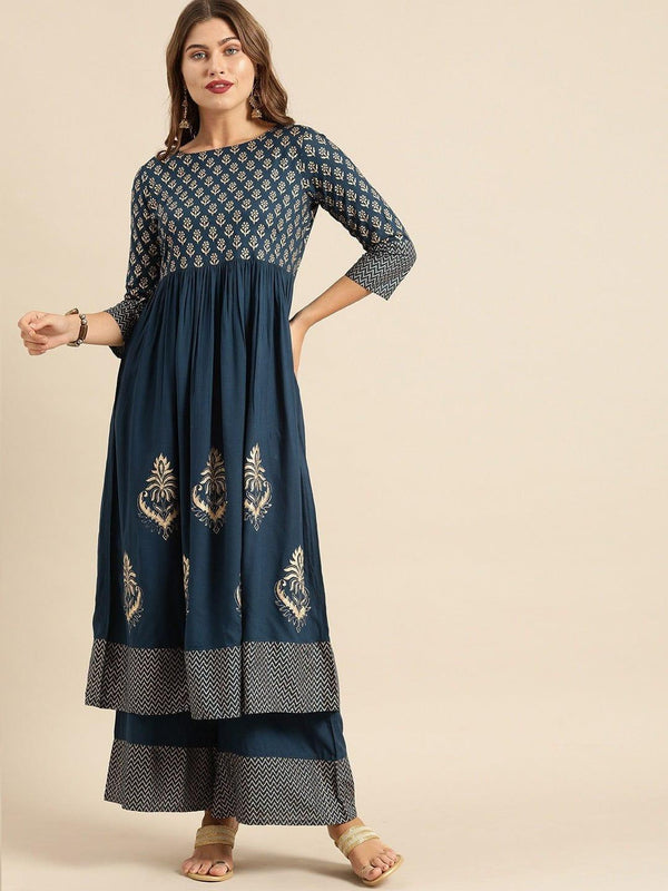 Varanga Women Teal Ethnic Motifs Printed Pleated Kurta with Palazzos - Indiakreations