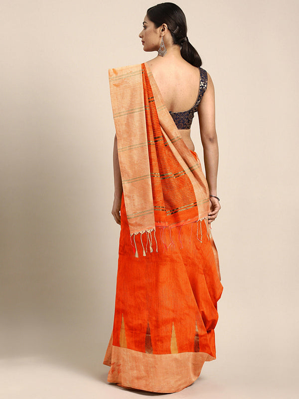 Women's Orange handwoven Blended Cotton saree with temple border - Sajasajo