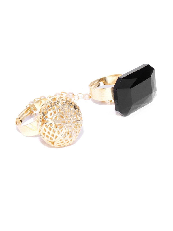 Women's Gold-Plated And Black Stone-Studded Dual Finger Adjustable Ring with Pearls - Priyaasi - Indiakreations