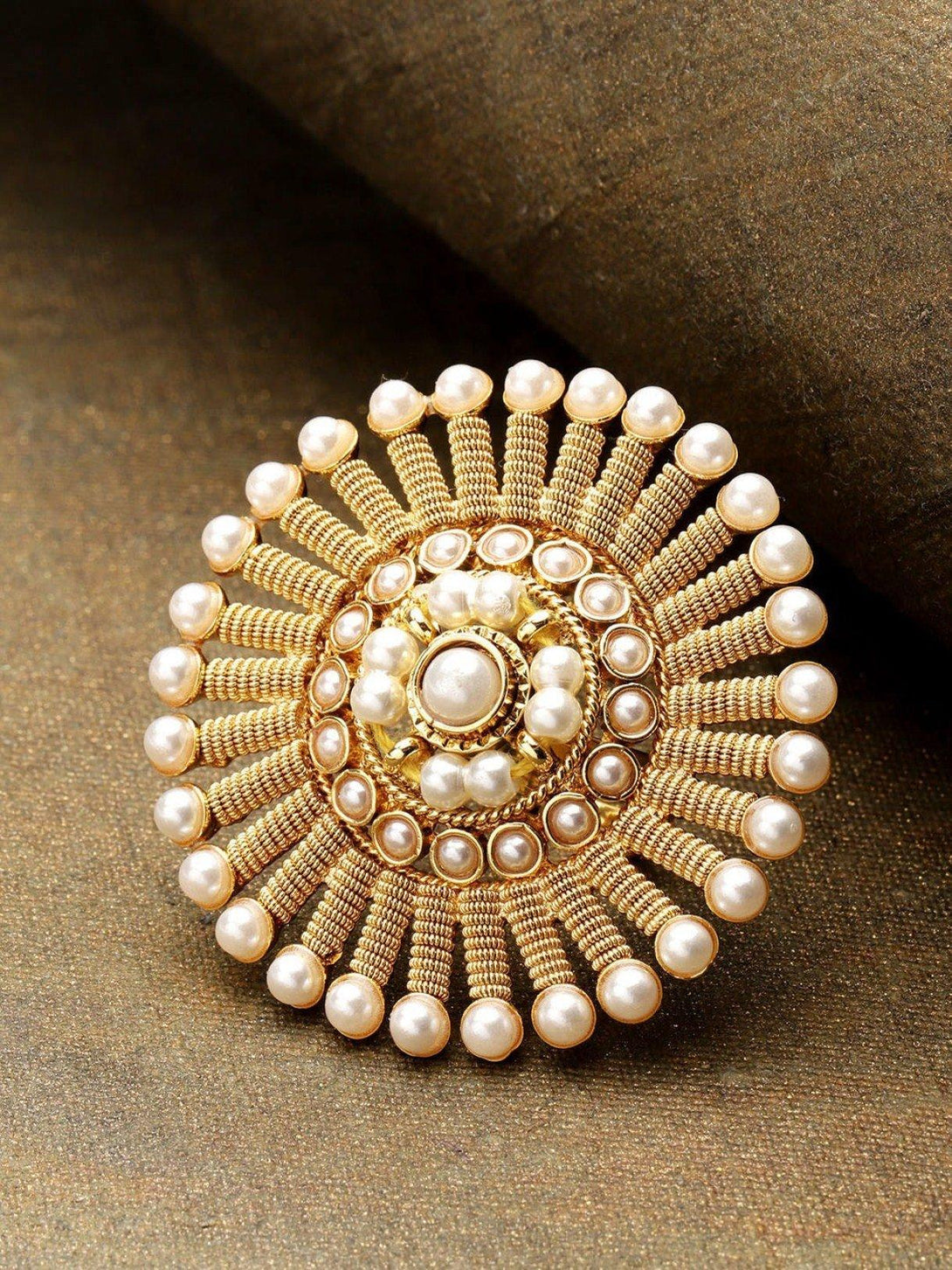 Women's Gold-Plated Pearls Studded Adjustable Ring in Floral Pattern - Priyaasi - Indiakreations