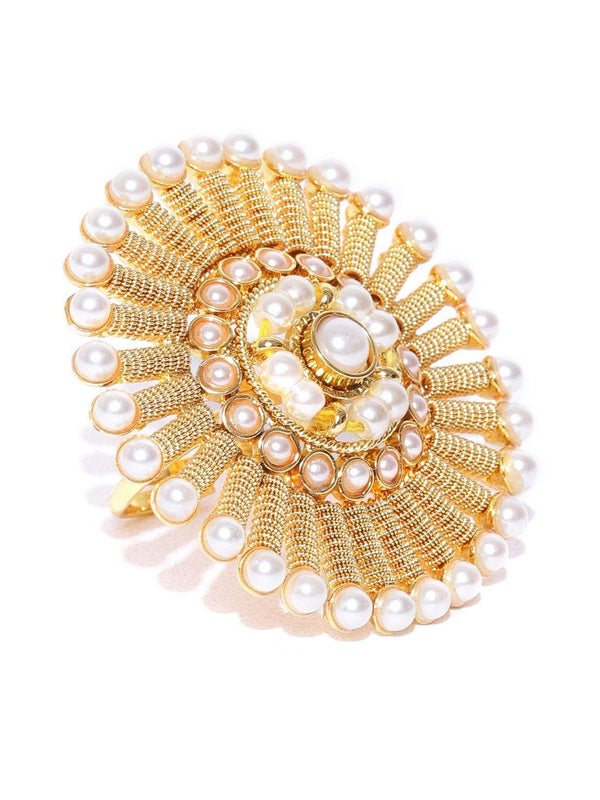 Women's Gold-Plated Pearls Studded Adjustable Ring in Floral Pattern - Priyaasi - Indiakreations