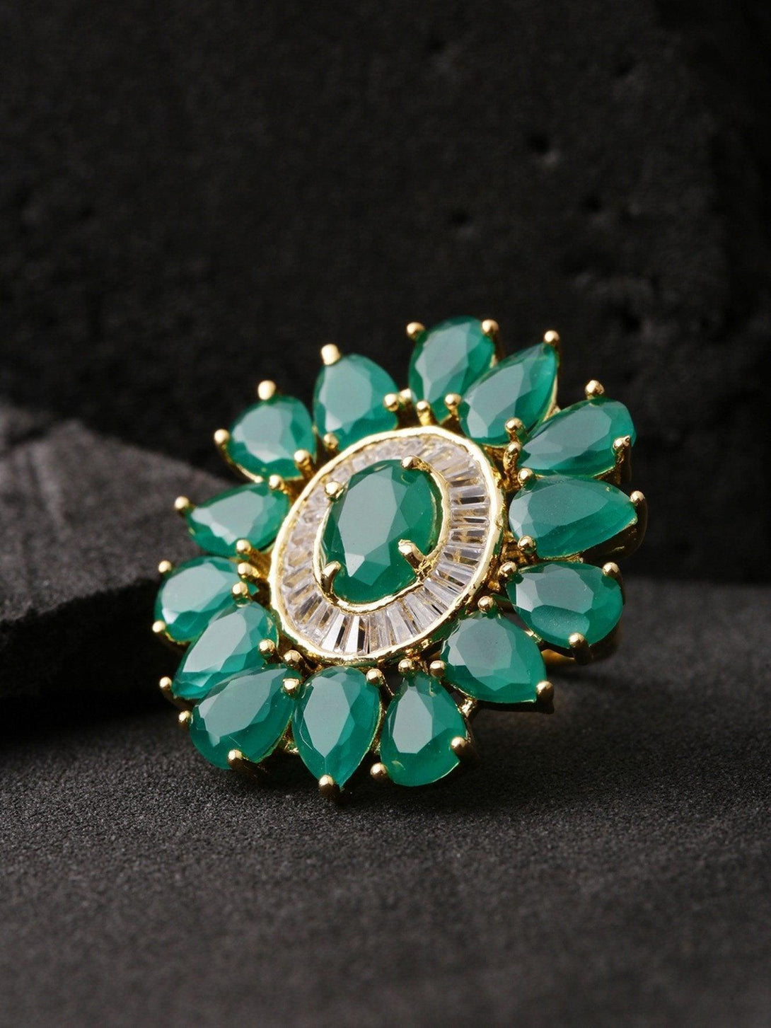 Women's Designer Emerald Stone Studded Gold Plated Green Floral Design Stylish Adjustable Ring For Women And Girls - Priyaasi - Indiakreations