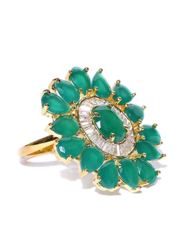 Women's Designer Emerald Stone Studded Gold Plated Green Floral Design Stylish Adjustable Ring For Women And Girls - Priyaasi - Indiakreations