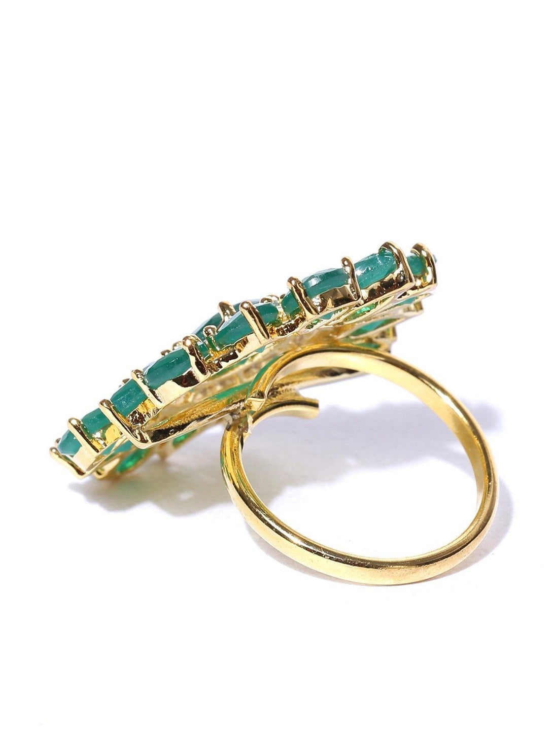 Women's Designer Emerald Stone Studded Gold Plated Green Floral Design Stylish Adjustable Ring For Women And Girls - Priyaasi - Indiakreations