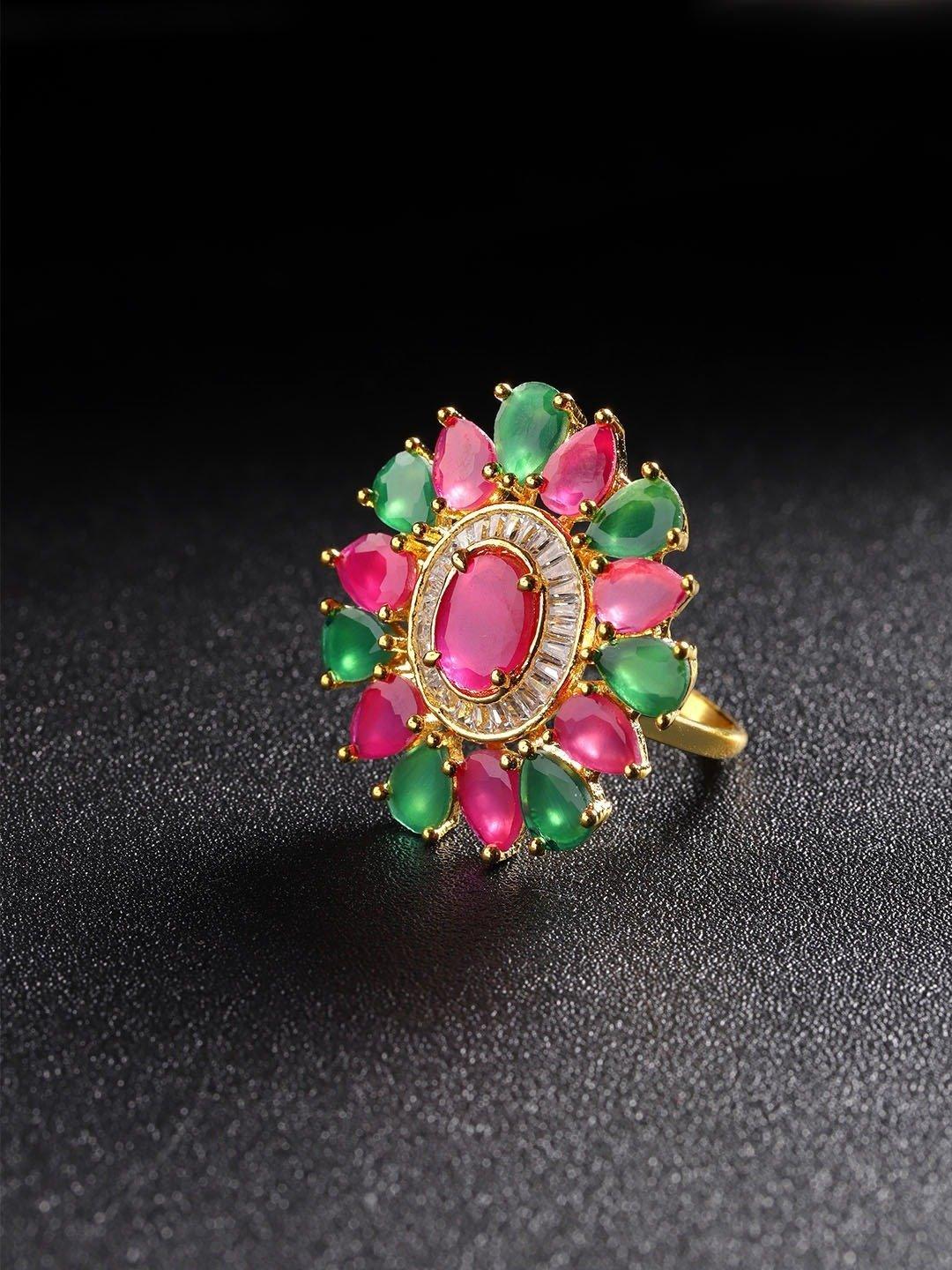 Women's Gold-Plated Magenta and Green Adjustable Ring in Floral Patterned Studded with American Diamond Ruby and Emerald - Priyaasi - Indiakreations