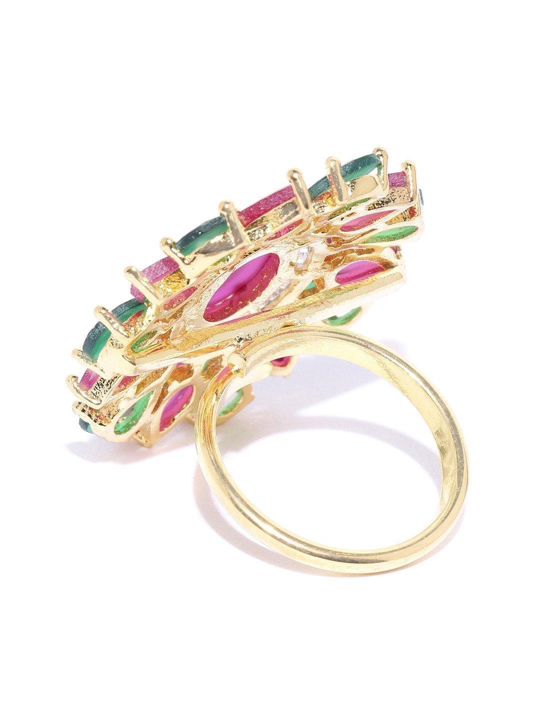 Women's Gold-Plated Magenta and Green Adjustable Ring in Floral Patterned Studded with American Diamond Ruby and Emerald - Priyaasi - Indiakreations