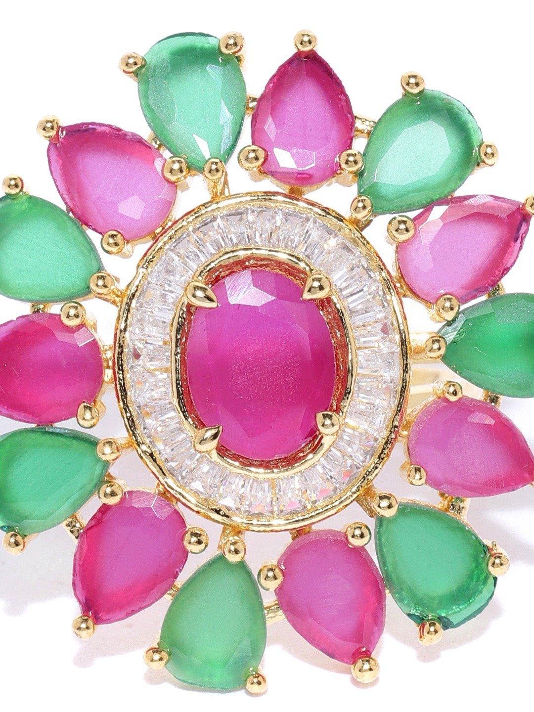 Women's Gold-Plated Magenta and Green Adjustable Ring in Floral Patterned Studded with American Diamond Ruby and Emerald - Priyaasi - Indiakreations