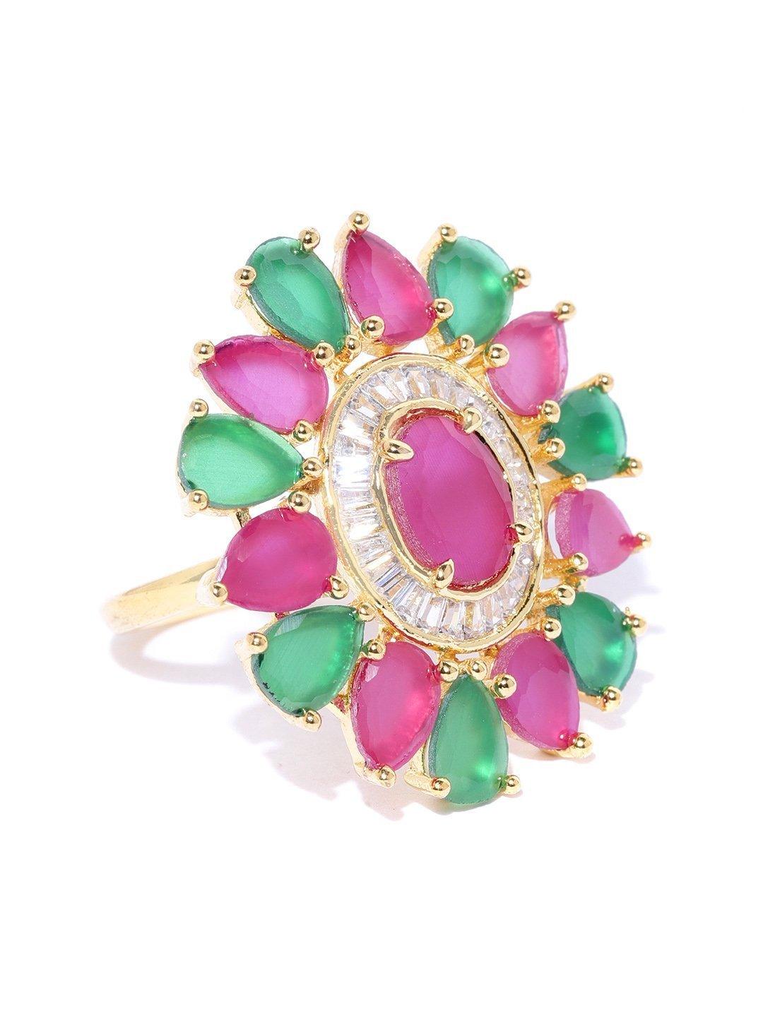 Women's Gold-Plated Magenta and Green Adjustable Ring in Floral Patterned Studded with American Diamond Ruby and Emerald - Priyaasi - Indiakreations