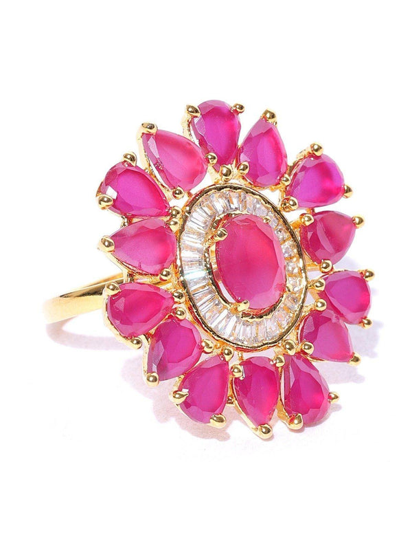 Women's Exclusive Floral Shaped Pink Colour American Diamond Ring For Women And Girls - Priyaasi - Indiakreations