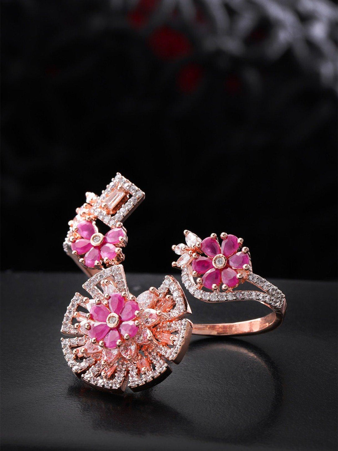 Women's Stylish Gold-Toned Pink And White CZ Stone-Studded Double Finger Adjustable Rings - Priyaasi - Indiakreations