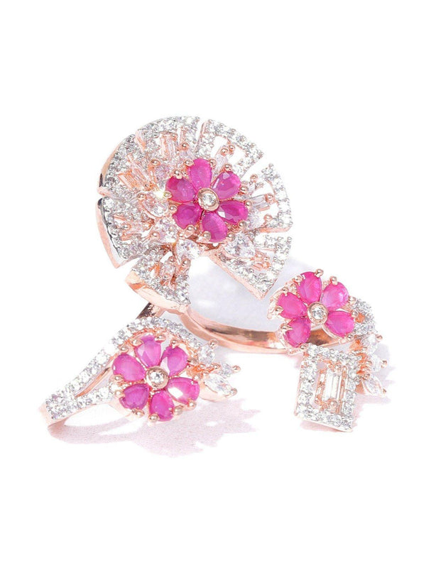 Women's Stylish Gold-Toned Pink And White CZ Stone-Studded Double Finger Adjustable Rings - Priyaasi - Indiakreations