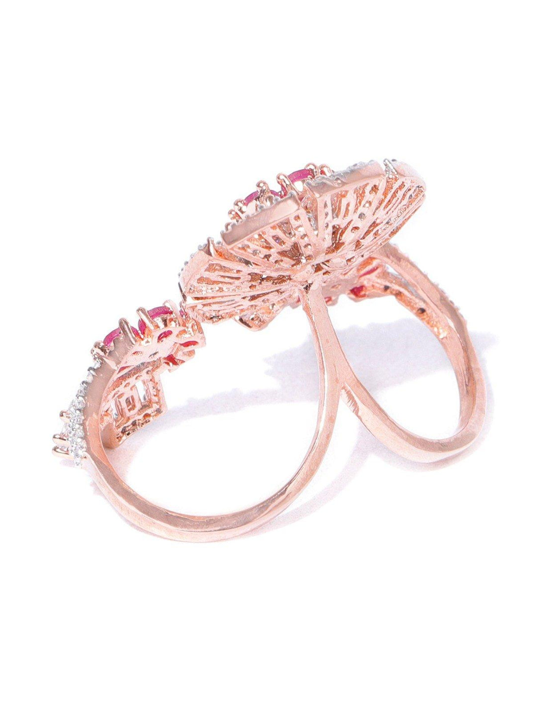 Women's Stylish Gold-Toned Pink And White CZ Stone-Studded Double Finger Adjustable Rings - Priyaasi - Indiakreations