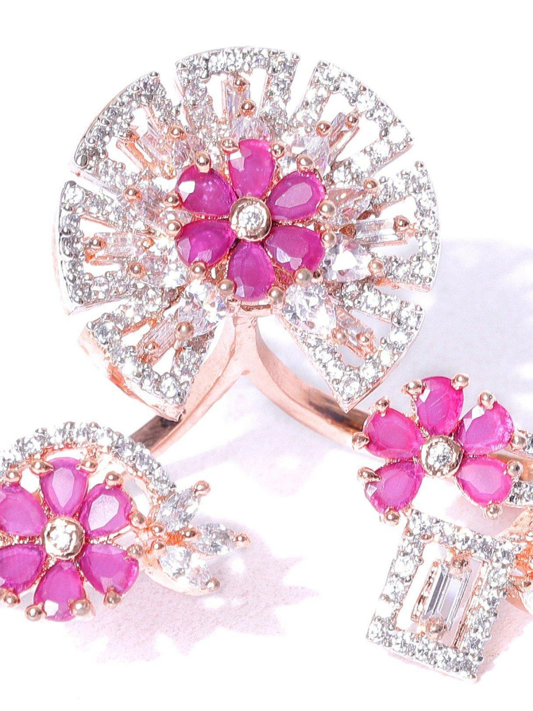 Women's Stylish Gold-Toned Pink And White CZ Stone-Studded Double Finger Adjustable Rings - Priyaasi - Indiakreations