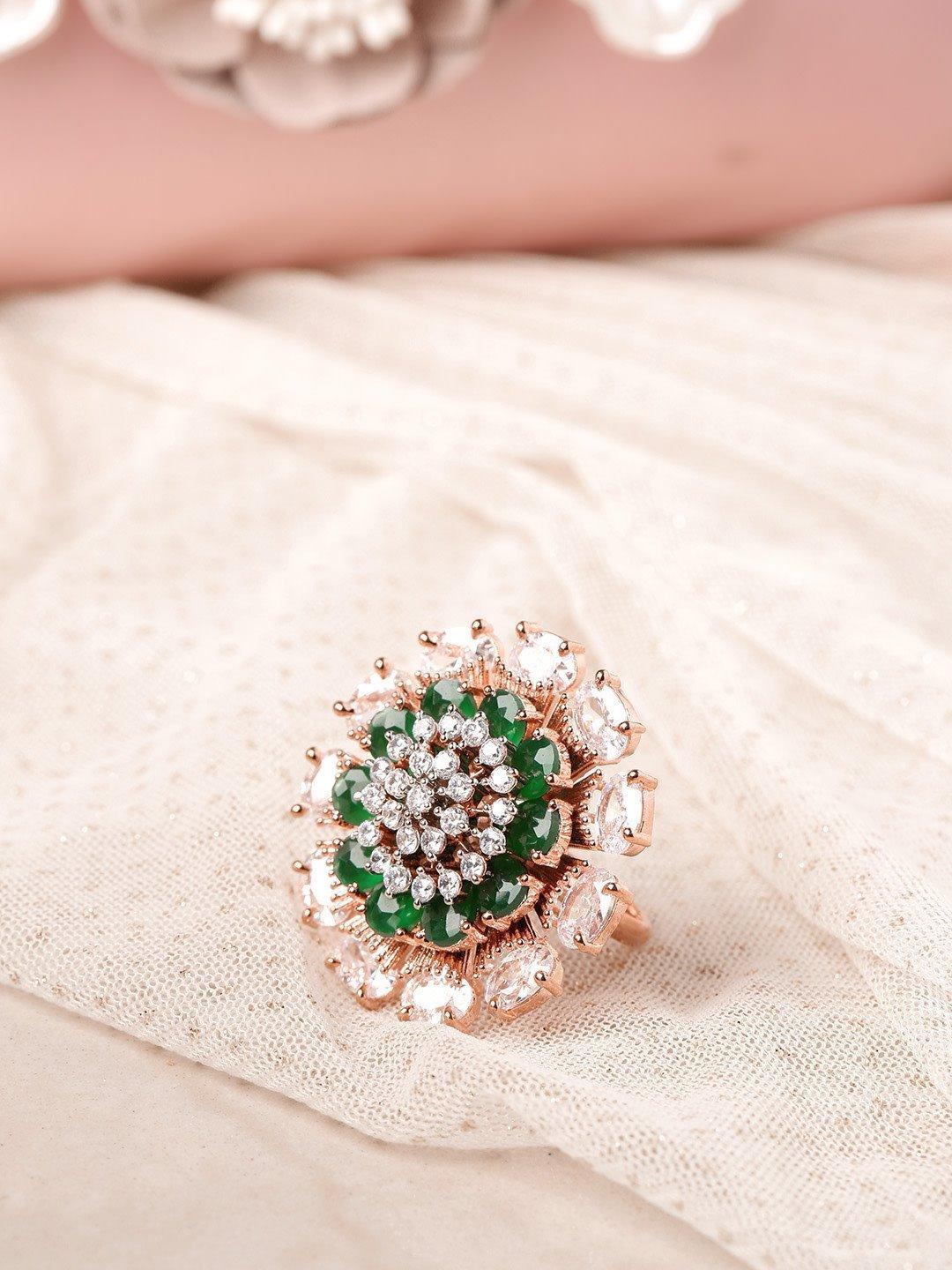 Women's Party Wear Gold-Plated Green And White CZ-Studded Handcrafted Ring For Women And Girls - Priyaasi - Indiakreations