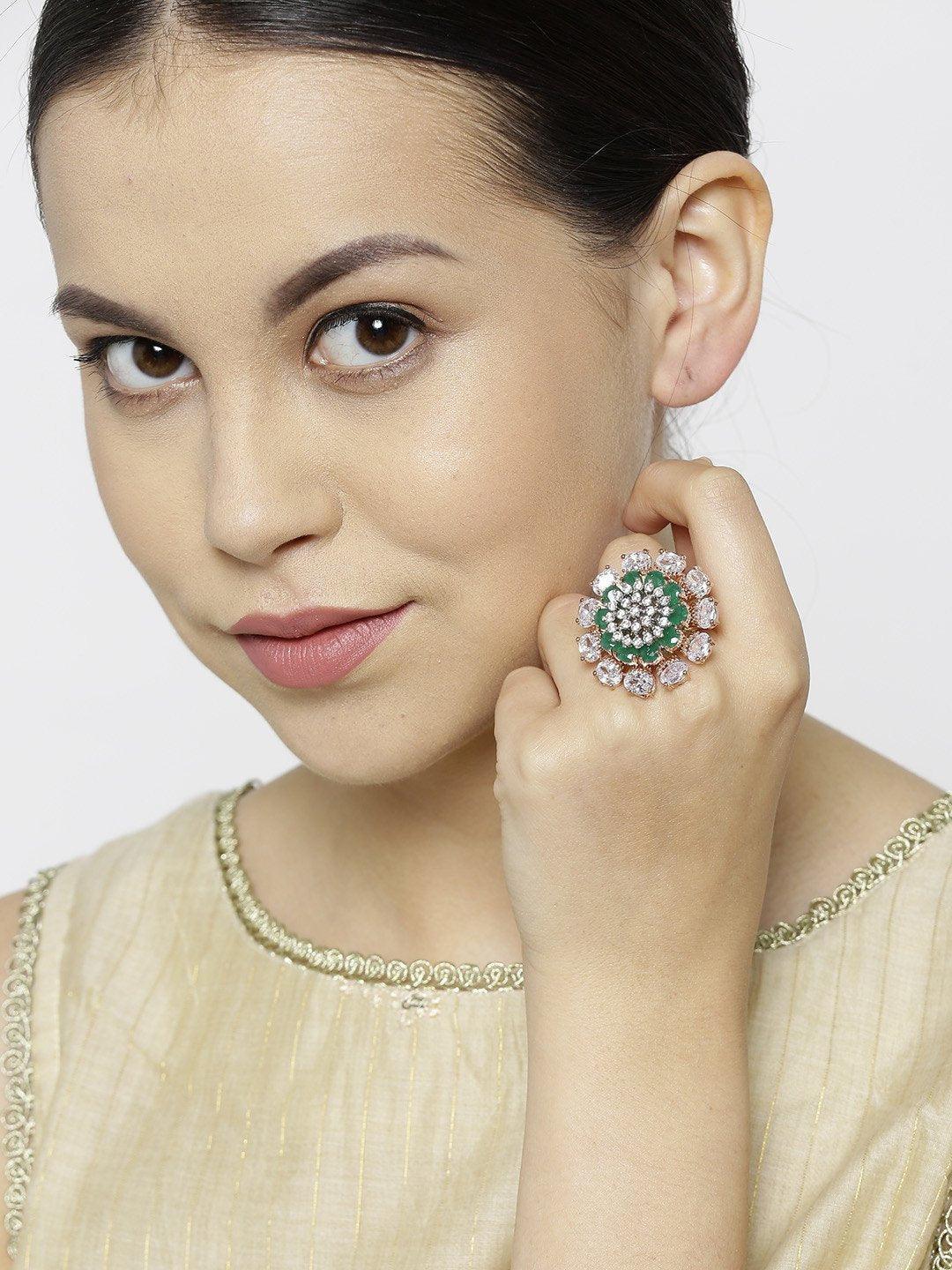 Women's Party Wear Gold-Plated Green And White CZ-Studded Handcrafted Ring For Women And Girls - Priyaasi - Indiakreations