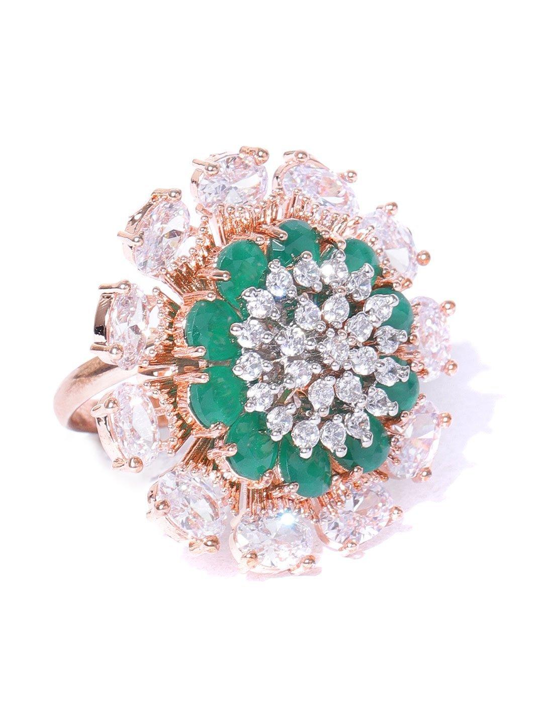 Women's Party Wear Gold-Plated Green And White CZ-Studded Handcrafted Ring For Women And Girls - Priyaasi - Indiakreations