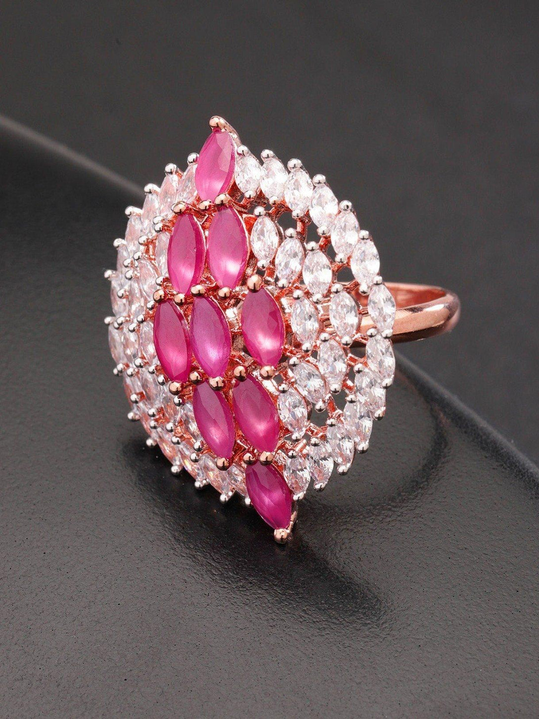 Women's Rose Gold-Plated Pink CZ Stone-Studded Adjustable Finger Ring - Priyaasi - Indiakreations