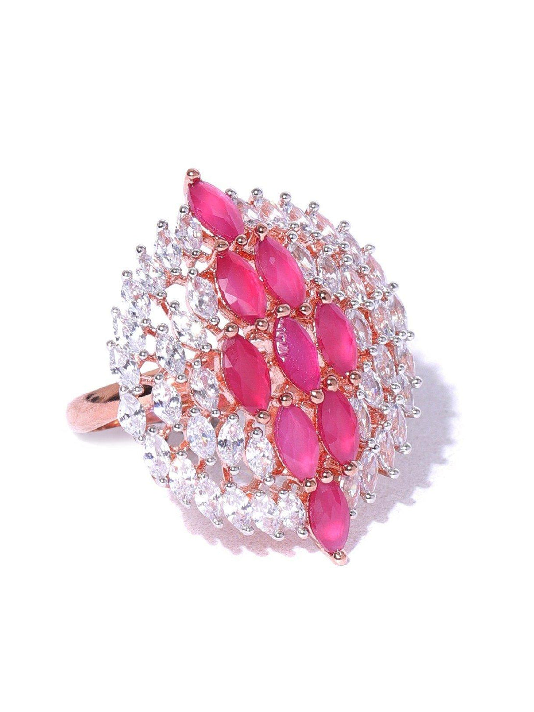 Women's Rose Gold-Plated Pink CZ Stone-Studded Adjustable Finger Ring - Priyaasi - Indiakreations