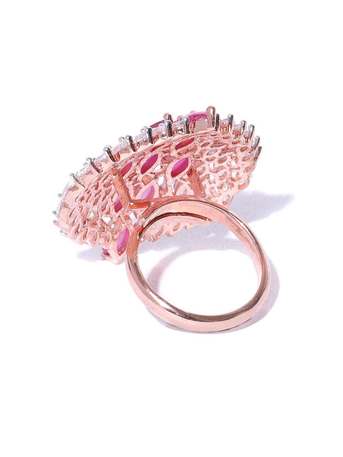 Women's Rose Gold-Plated Pink CZ Stone-Studded Adjustable Finger Ring - Priyaasi - Indiakreations