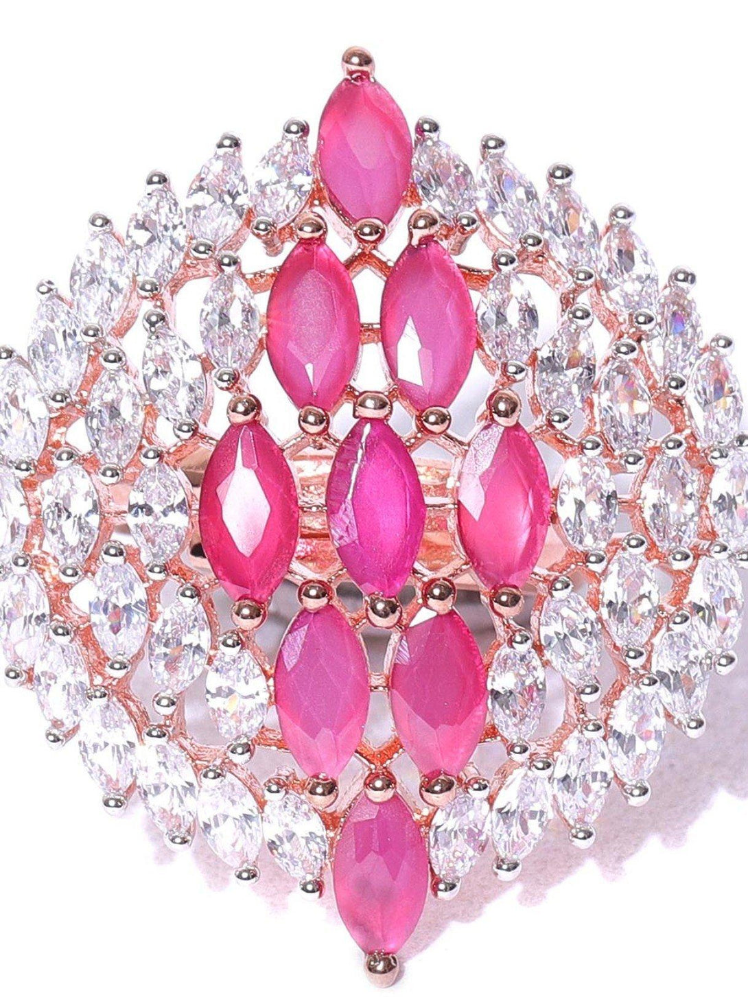 Women's Rose Gold-Plated Pink CZ Stone-Studded Adjustable Finger Ring - Priyaasi - Indiakreations