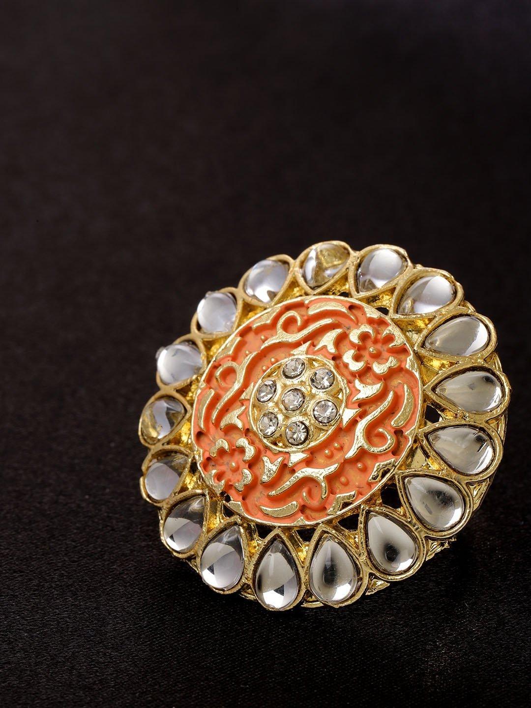 Women's Designer Gold Plated Stones and Kundan Studded Stylish Trendy Adjustable Peach Round Ring For Women And Girls - Priyaasi - Indiakreations