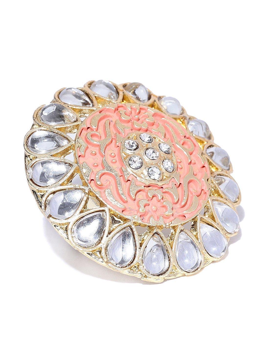 Women's Designer Gold Plated Stones and Kundan Studded Stylish Trendy Adjustable Peach Round Ring For Women And Girls - Priyaasi - Indiakreations