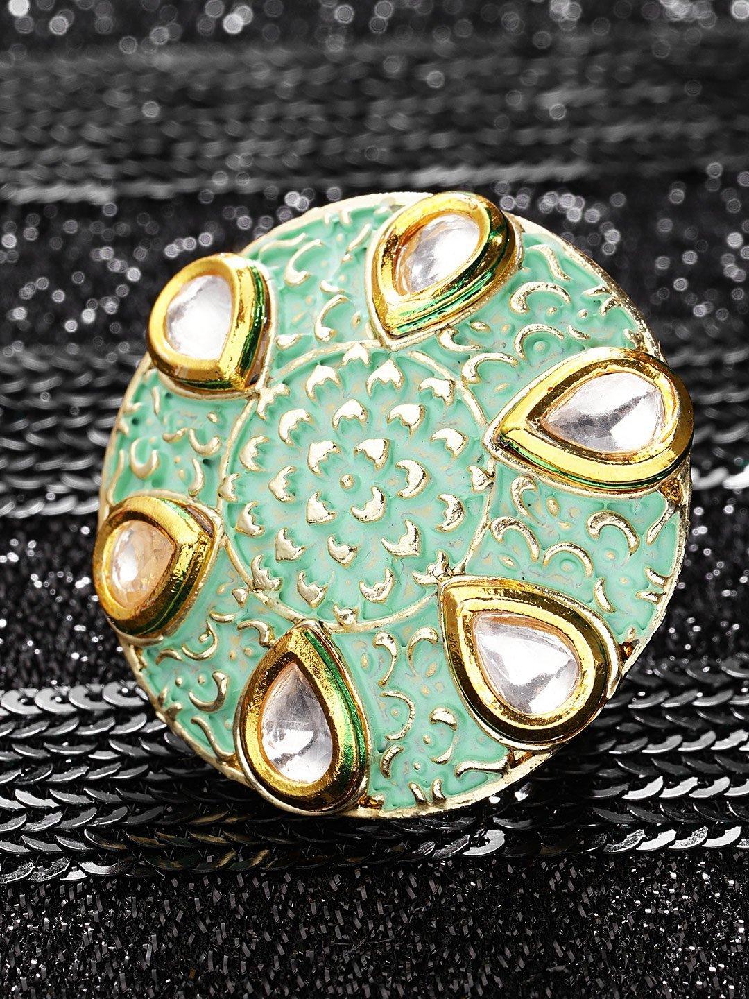 Women's Designer Gold Plated Kundan Studded Stylish Trendy Stylish Adjustable Mint Green Round Ring For Women And Girls - Priyaasi - Indiakreations