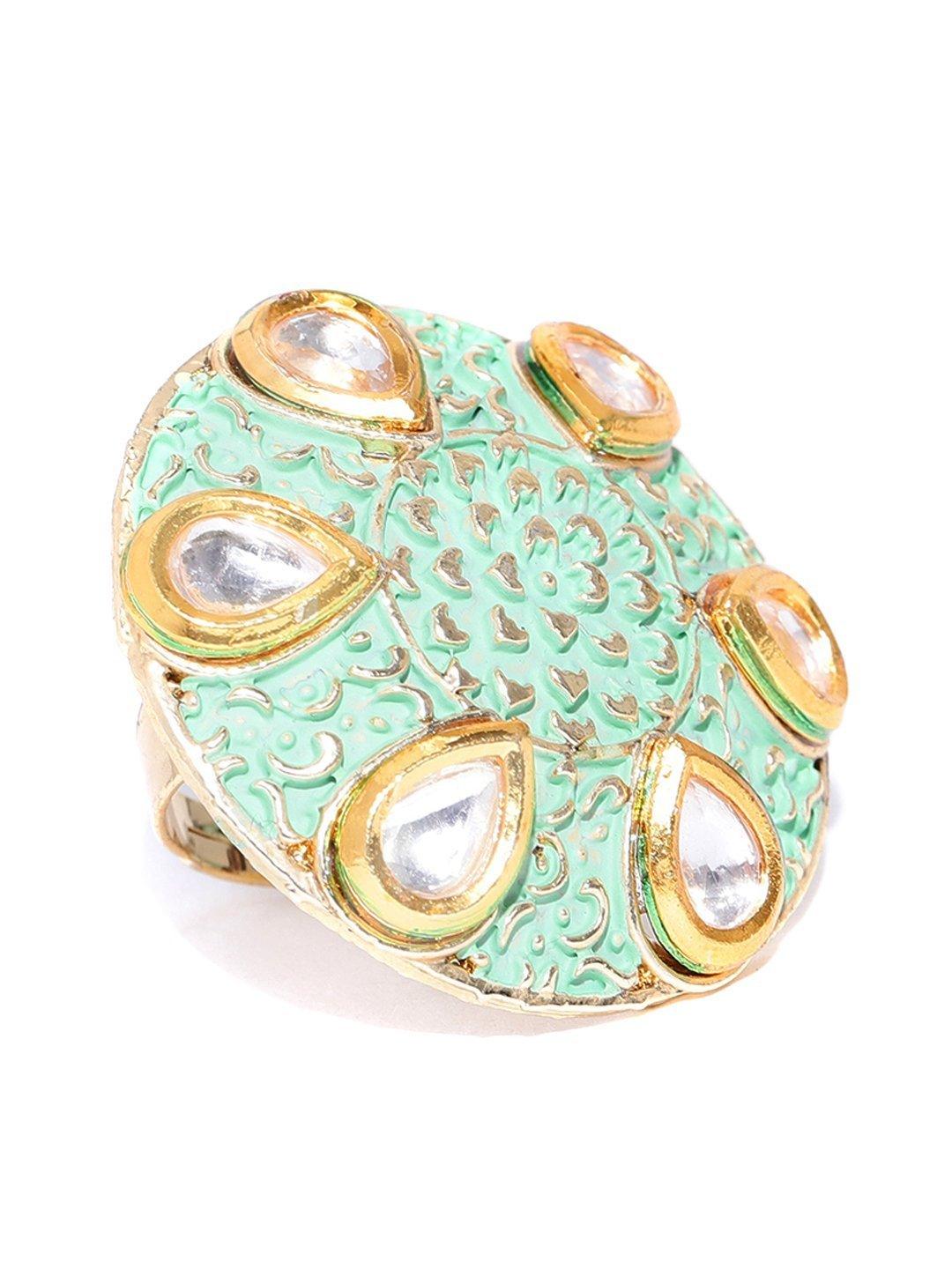 Women's Designer Gold Plated Kundan Studded Stylish Trendy Stylish Adjustable Mint Green Round Ring For Women And Girls - Priyaasi - Indiakreations