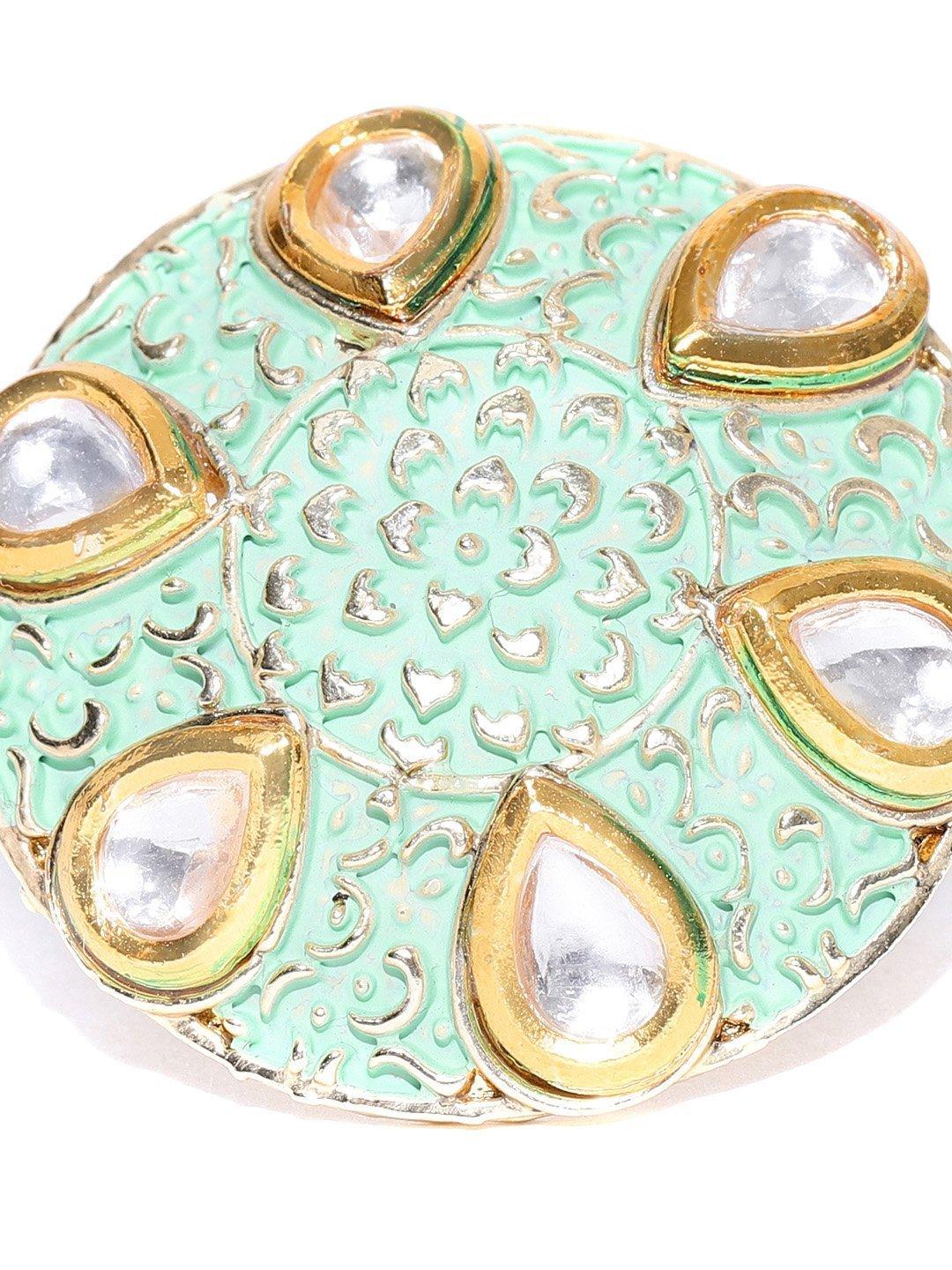 Women's Designer Gold Plated Kundan Studded Stylish Trendy Stylish Adjustable Mint Green Round Ring For Women And Girls - Priyaasi - Indiakreations